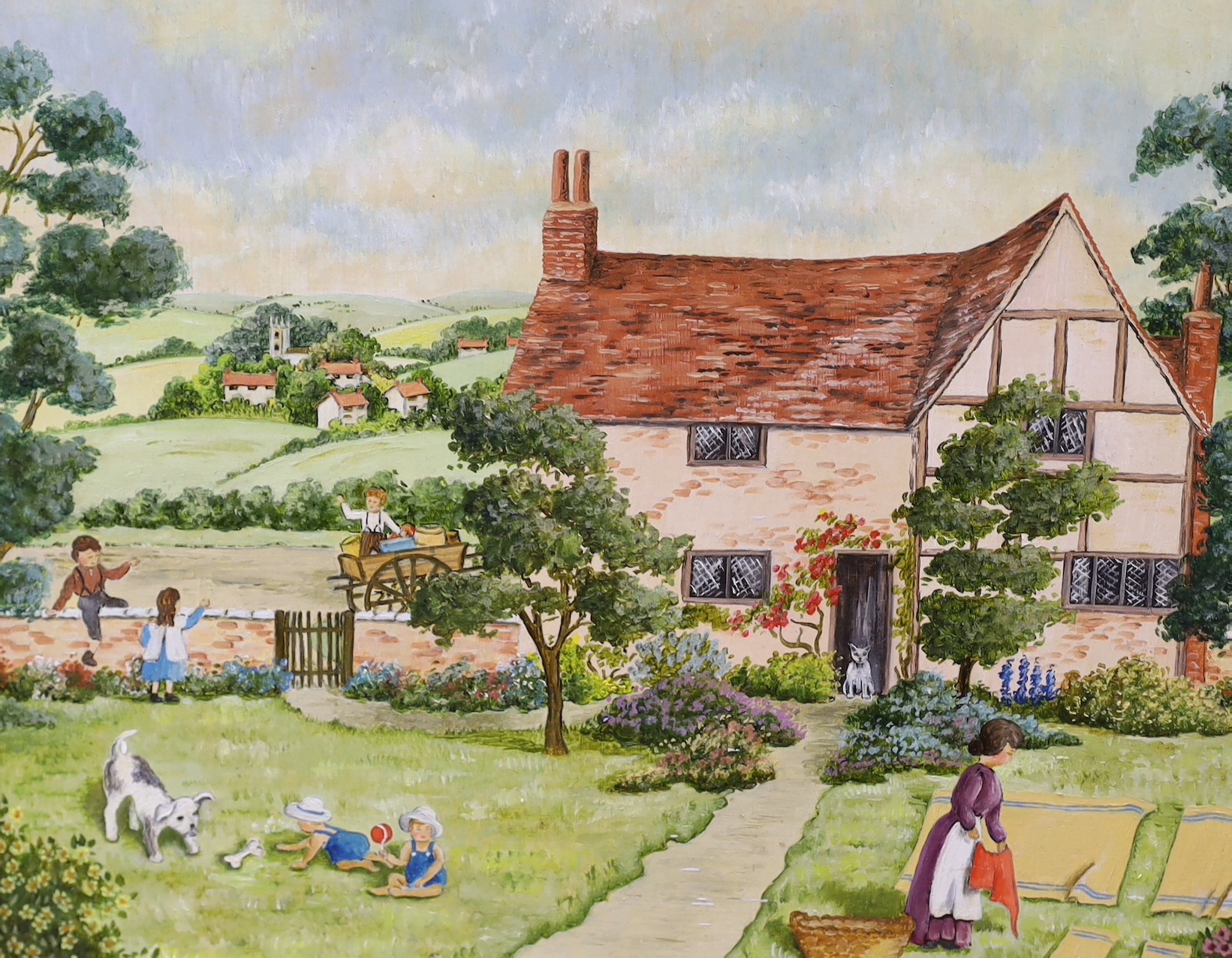 Joyce Gandee, two oils on board, 'Cottage Garden scene' and 'The Village Fete', 23 x 29cm and 30 x 40cm